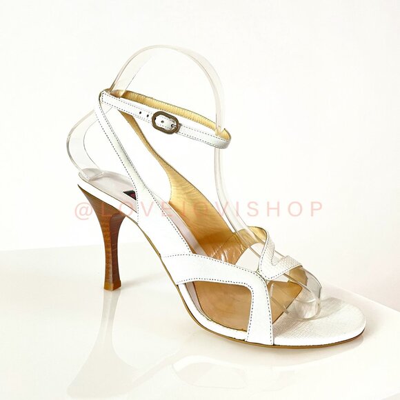 Feminine | Vintage Escada Kitten Heel Sandals | White Croc Embossed Leather - Picture 1 of 11